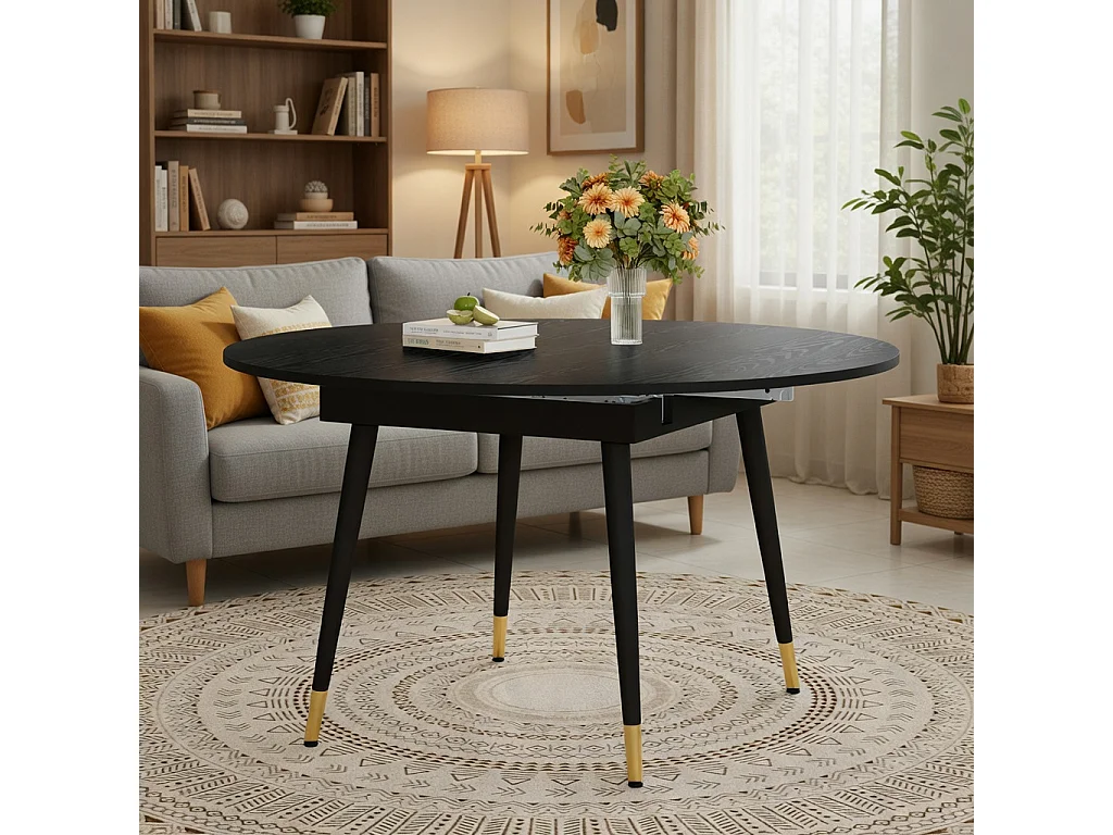 Table à rallonges, pouvant passer d'une forme ronde à une forme ovale, plateau en MDF rehaussé de touches dorées, noir