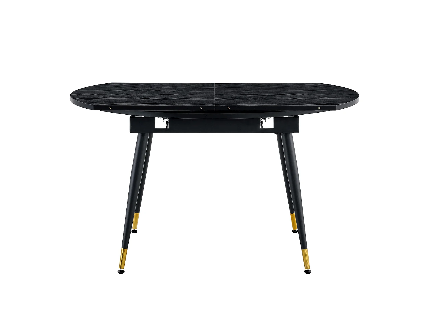 Table à rallonges, pouvant passer d'une forme ronde à une forme ovale, plateau en MDF rehaussé de touches dorées, noir