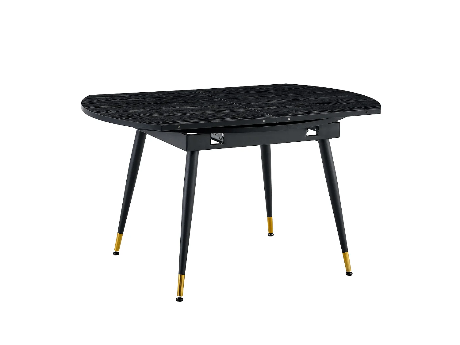 Table à rallonges, pouvant passer d'une forme ronde à une forme ovale, plateau en MDF rehaussé de touches dorées, noir