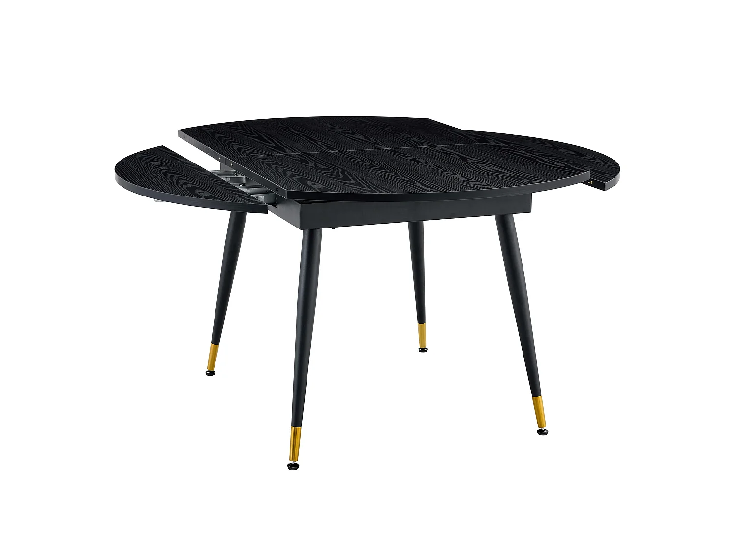 Table à rallonges, pouvant passer d'une forme ronde à une forme ovale, plateau en MDF rehaussé de touches dorées, noir