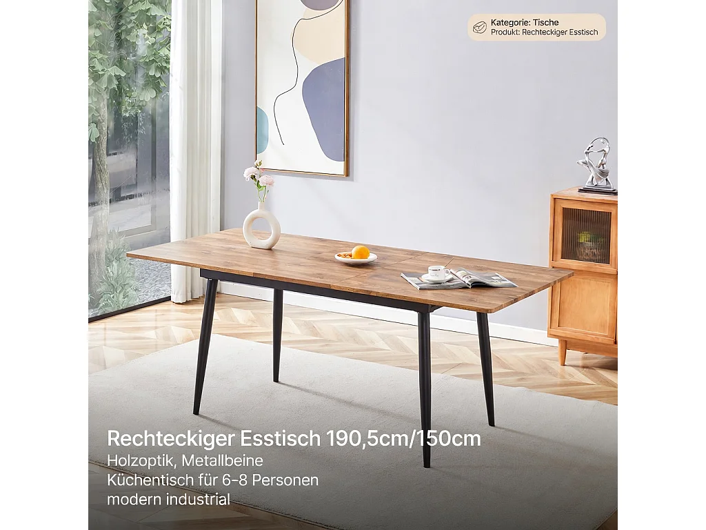 Table de cuisine rectangulaire, finition imitation bois, pieds en métal, pouvant accueillir 6 à 8 personnes, couleur bois