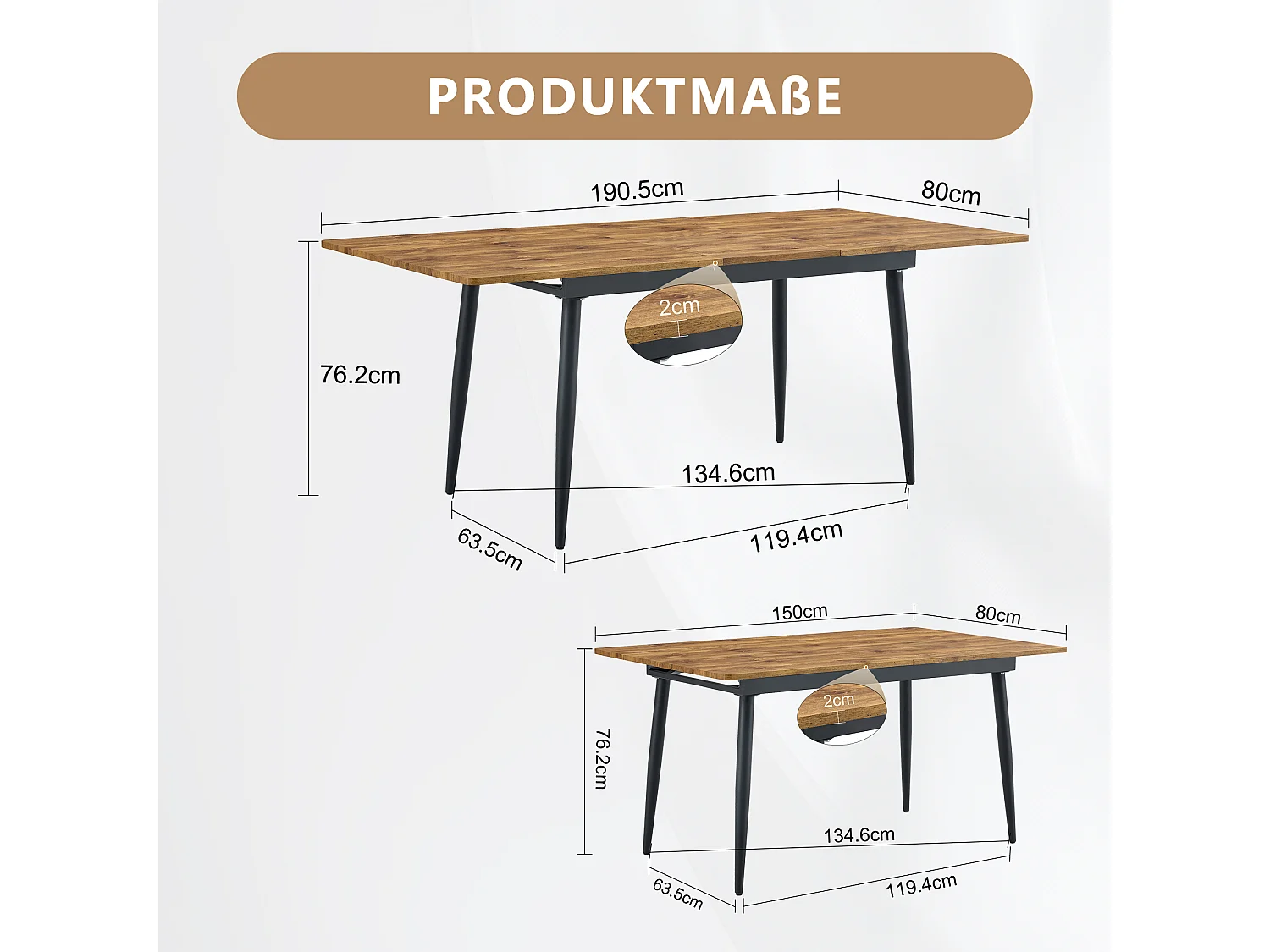 Table de cuisine rectangulaire, finition imitation bois, pieds en métal, pouvant accueillir 6 à 8 personnes, couleur bois
