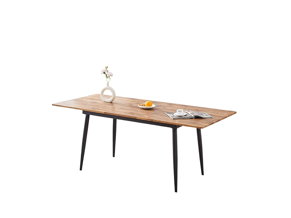 Table de cuisine rectangulaire, finition imitation bois, pieds en métal, pouvant accueillir 6 à 8 personnes, couleur bois