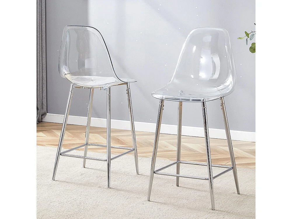 Conjunto de taburetes transparentes, juego de 2, con estructura metálica (solo taburetes, mesa no incluida), plateado