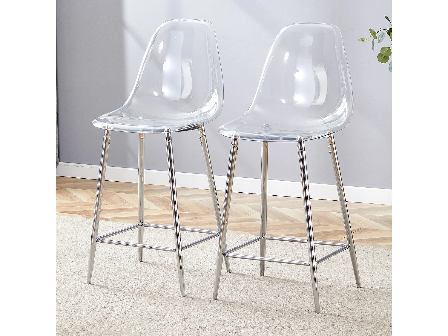 Conjunto de taburetes transparentes, juego de 2, con estructura metálica (solo taburetes, mesa no incluida), plateado