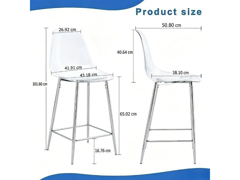 Conjunto de taburetes transparentes, juego de 2, con estructura metálica (solo taburetes, mesa no incluida), plateado