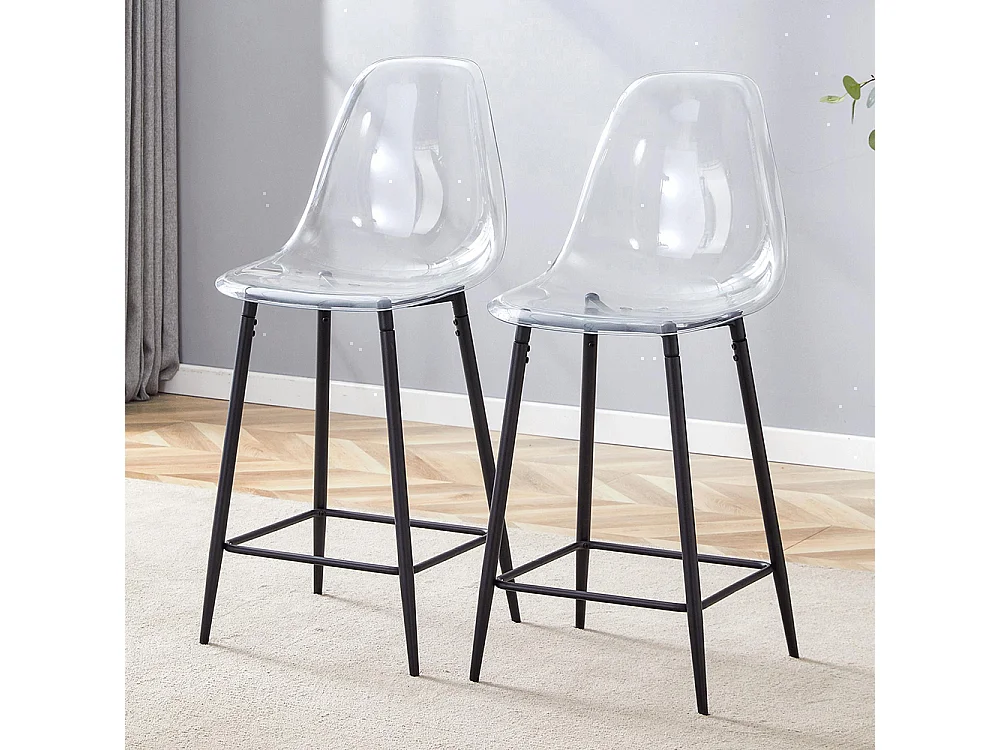 Conjunto de taburetes transparentes, juego de 2, con estructura metálica (solo taburetes, mesa no incluida), negro