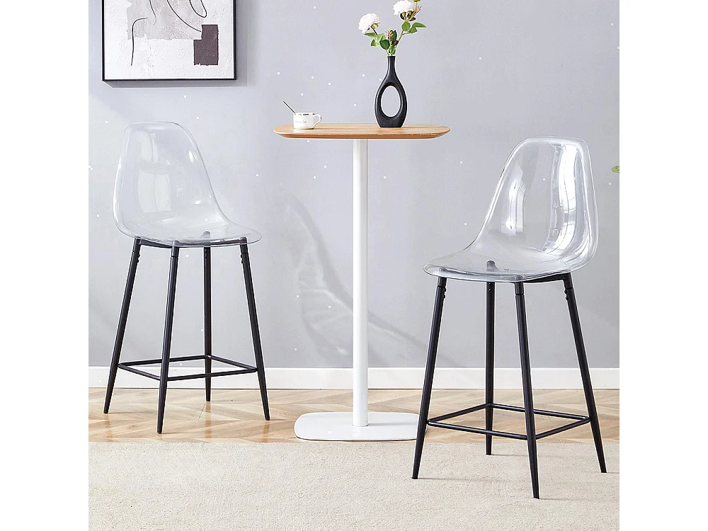 Conjunto de taburetes transparentes, juego de 2, con estructura metálica (solo taburetes, mesa no incluida), negro