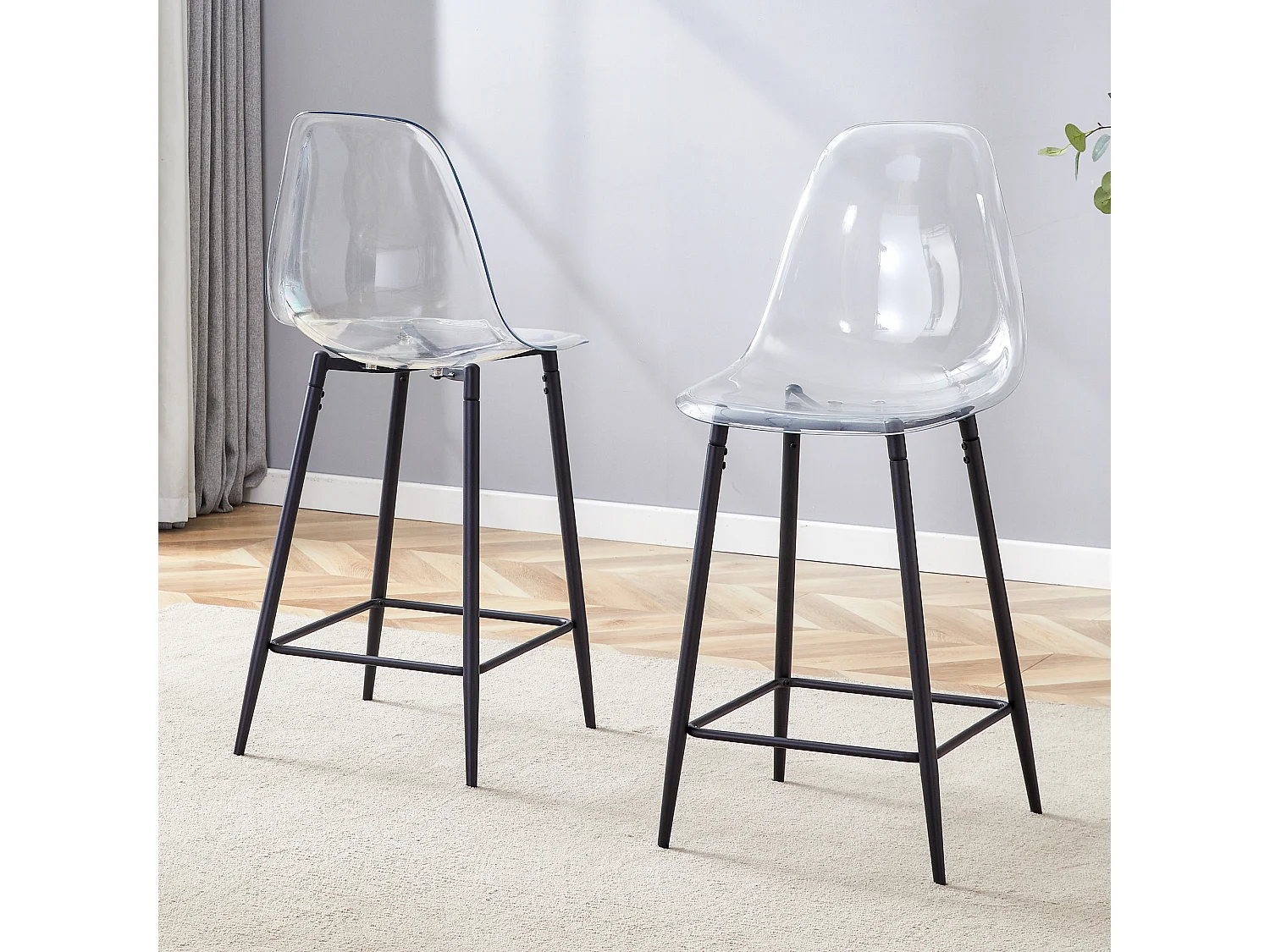 Conjunto de taburetes transparentes, juego de 2, con estructura metálica (solo taburetes, mesa no incluida), negro