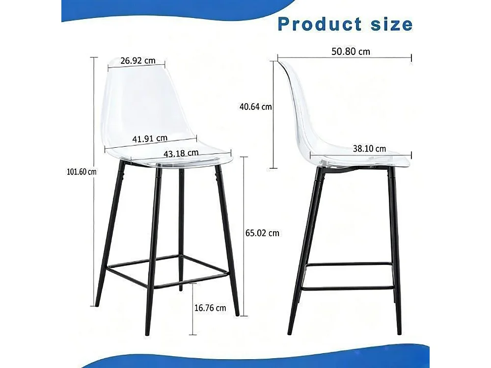 Conjunto de taburetes transparentes, juego de 2, con estructura metálica (solo taburetes, mesa no incluida), negro