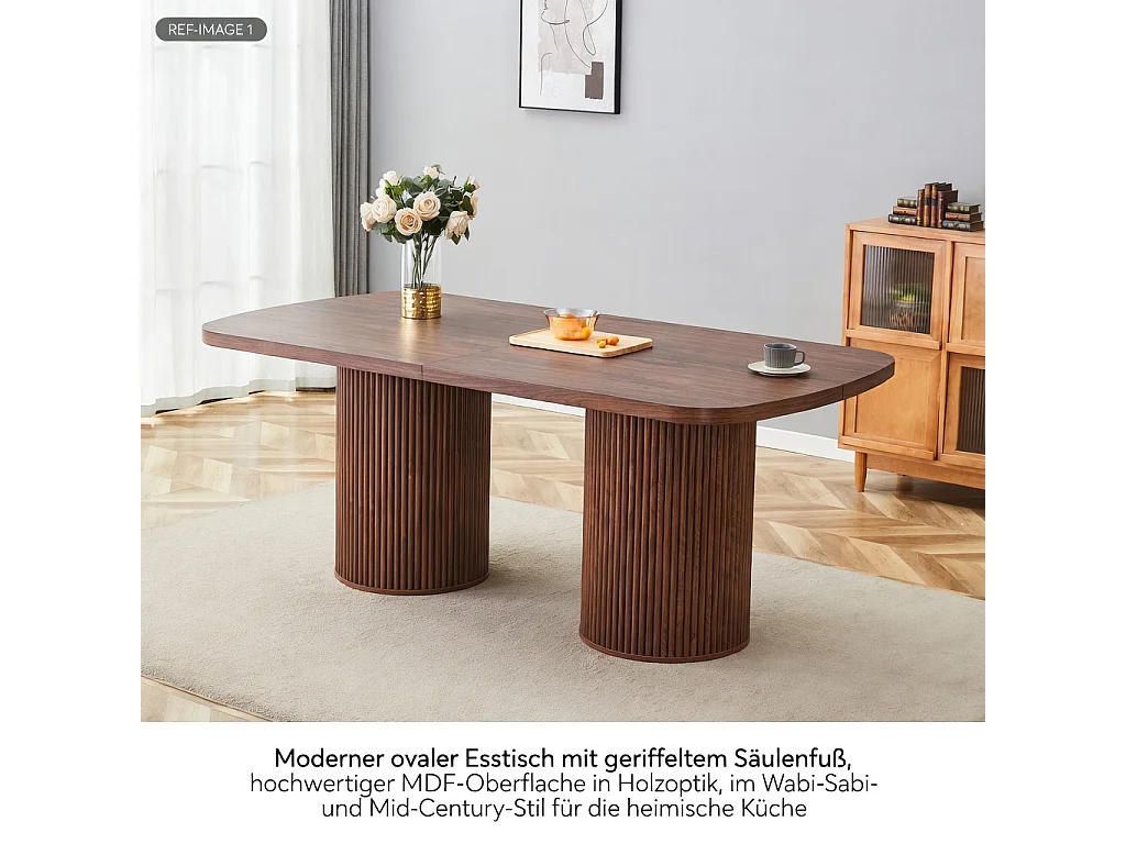 Table à manger ovale, dotée de pieds cylindriques rainurés, avec un plateau en MDF imitation bois de haute qualité, couleur noyer
