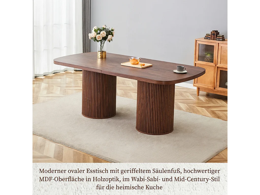 Table à manger ovale, dotée de pieds cylindriques rainurés, avec un plateau en MDF imitation bois de haute qualité, couleur noyer