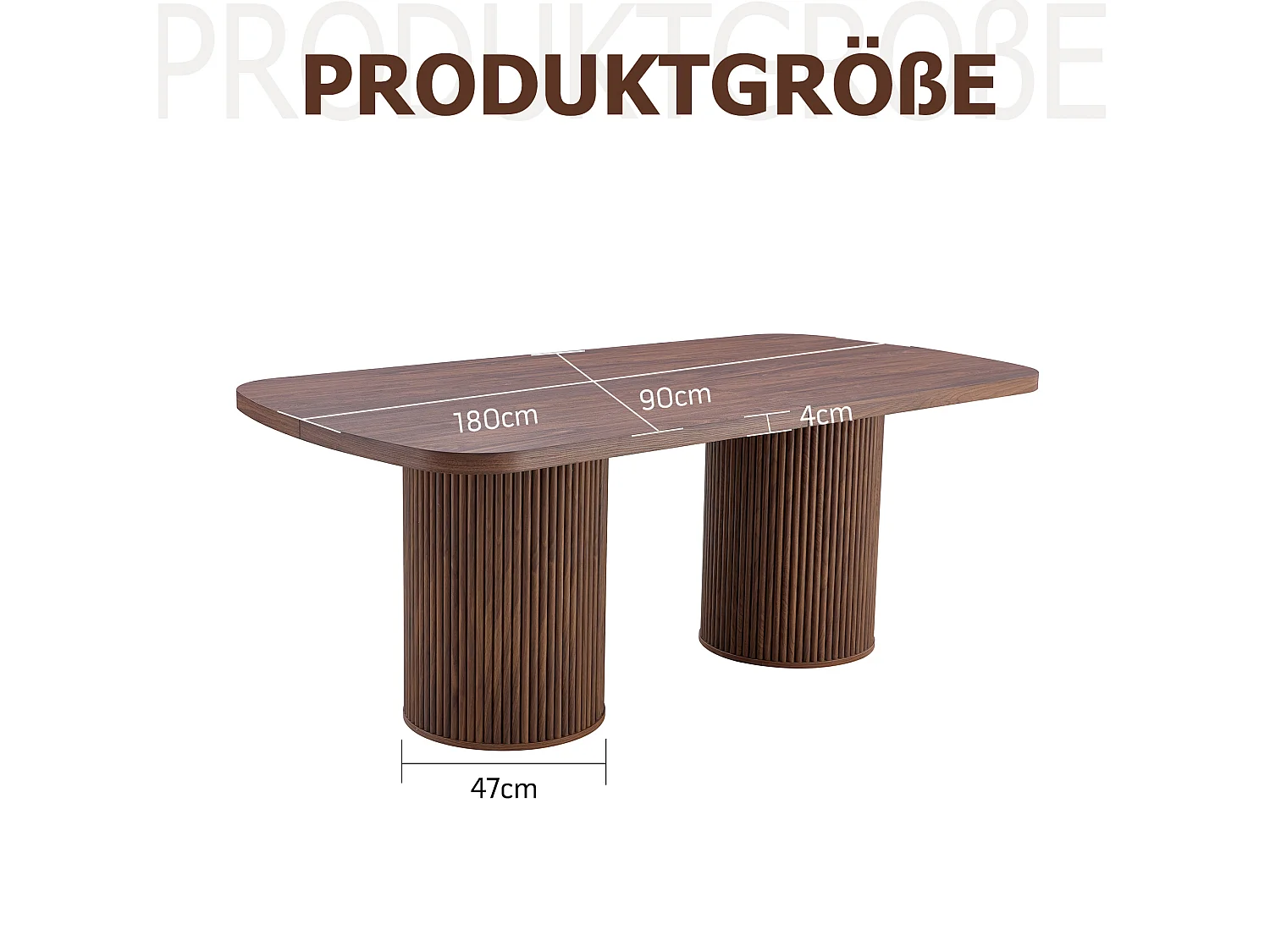 Table à manger ovale, dotée de pieds cylindriques rainurés, avec un plateau en MDF imitation bois de haute qualité, couleur noyer