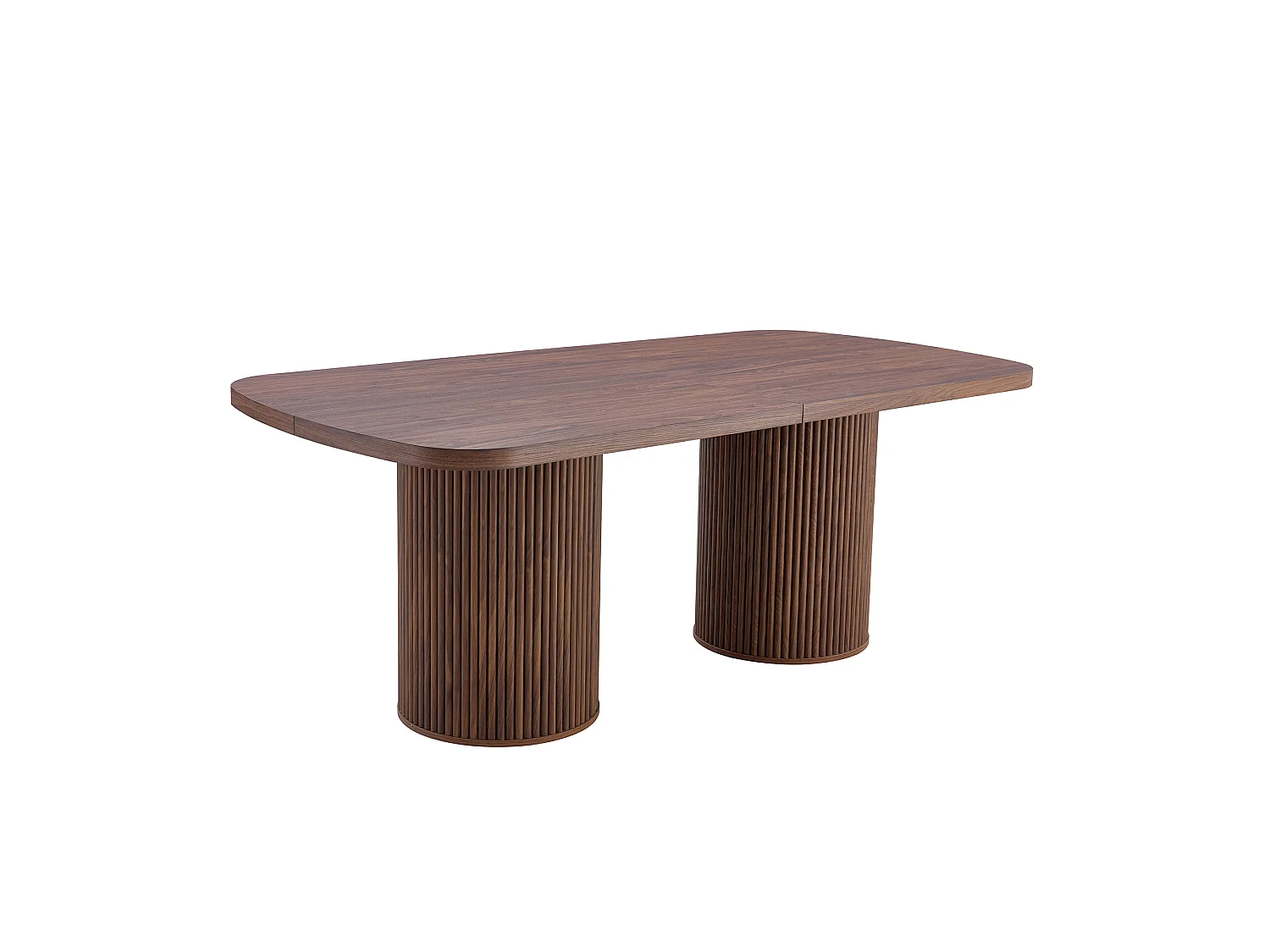 Table à manger ovale, dotée de pieds cylindriques rainurés, avec un plateau en MDF imitation bois de haute qualité, couleur noyer