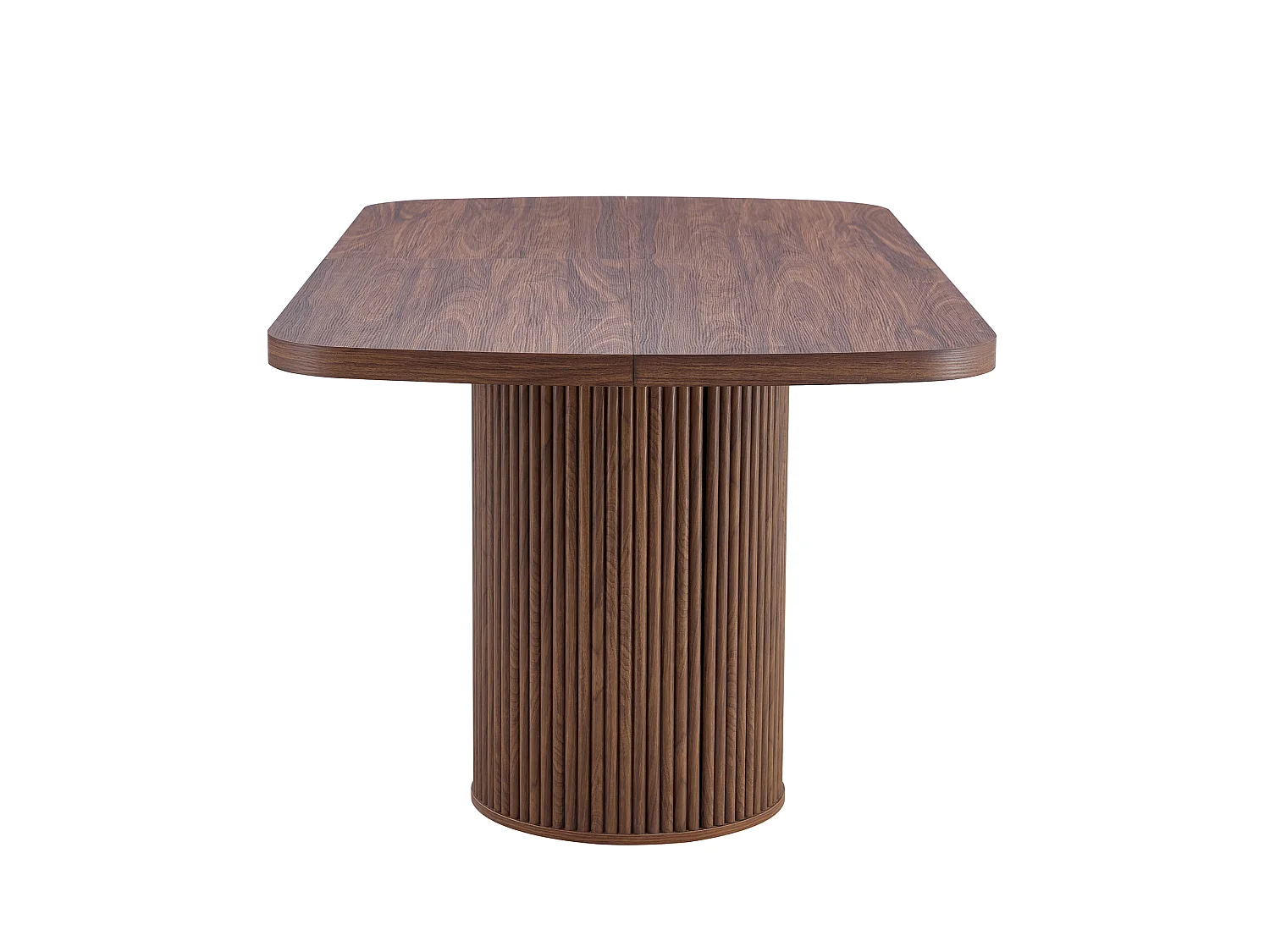 Table à manger ovale, dotée de pieds cylindriques rainurés, avec un plateau en MDF imitation bois de haute qualité, couleur noyer