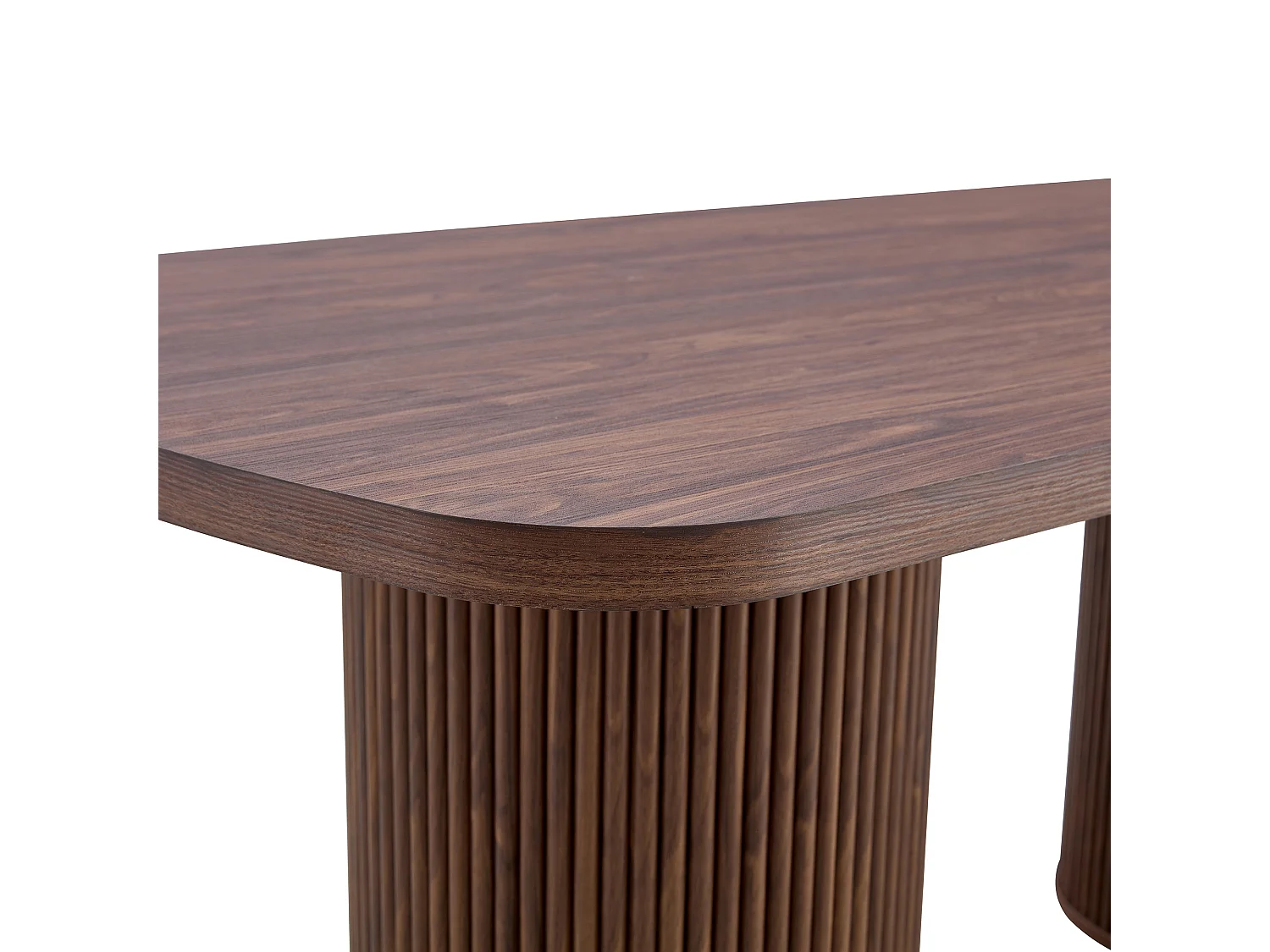 Table à manger ovale, dotée de pieds cylindriques rainurés, avec un plateau en MDF imitation bois de haute qualité, couleur noyer
