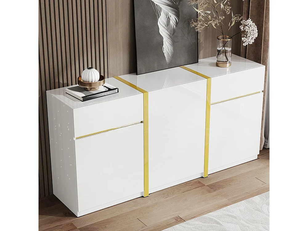 Buffet au fini brillant, de style moderne, avec trois portes et deux tiroirs, blanc