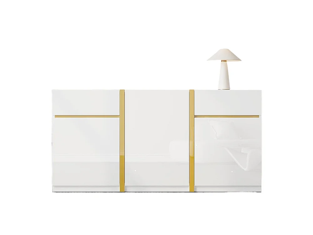 Buffet au fini brillant, de style moderne, avec trois portes et deux tiroirs, blanc
