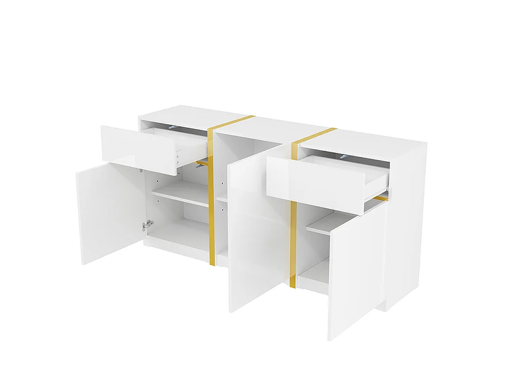 Buffet au fini brillant, de style moderne, avec trois portes et deux tiroirs, blanc