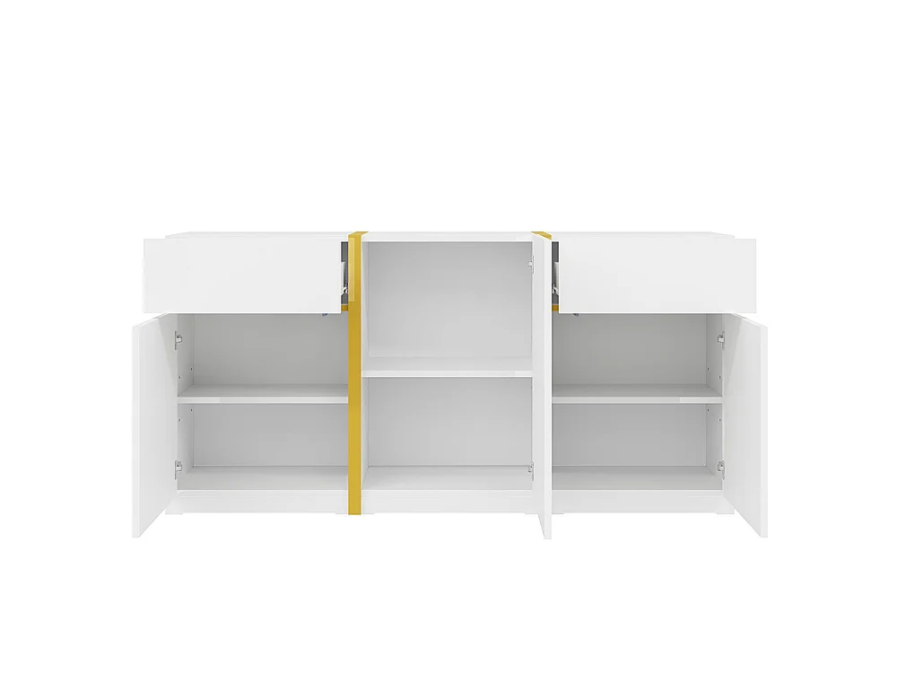 Buffet au fini brillant, de style moderne, avec trois portes et deux tiroirs, blanc