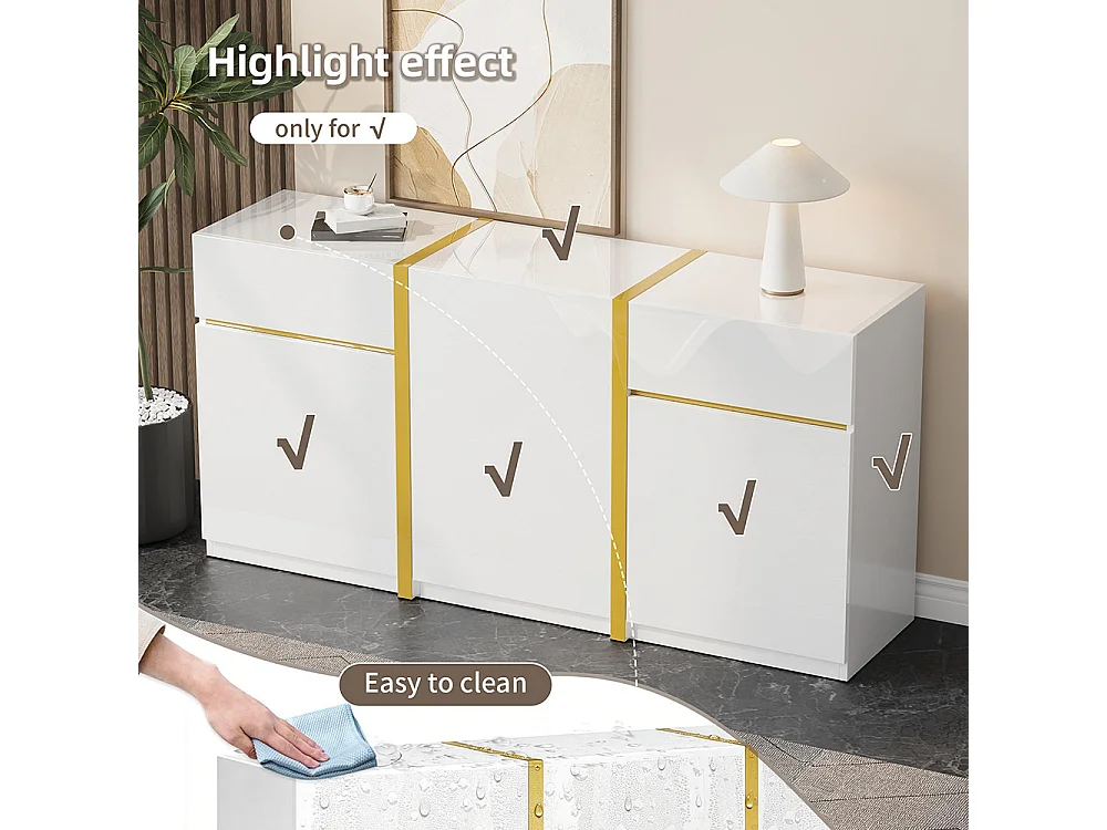 Buffet au fini brillant, de style moderne, avec trois portes et deux tiroirs, blanc
