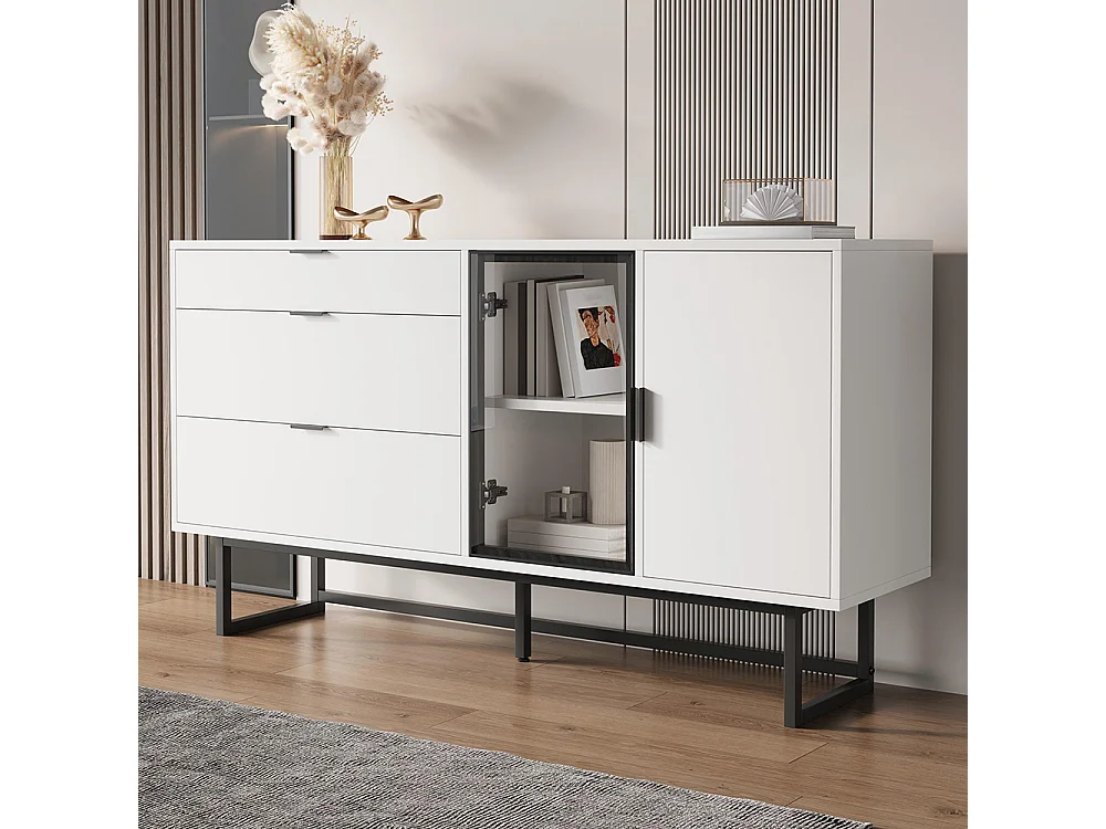 Buffet, buffet de salle à manger moderne et luxueux, trois tiroirs, portes vitrées, bandeau lumineux LED, blanc