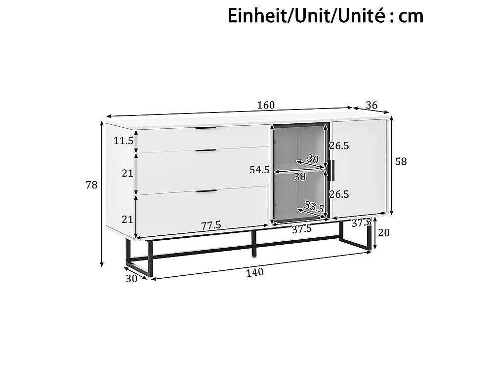 Buffet, buffet de salle à manger moderne et luxueux, trois tiroirs, portes vitrées, bandeau lumineux LED, blanc