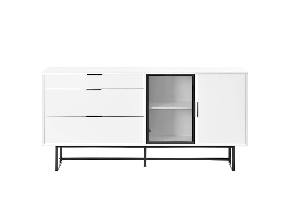 Buffet, buffet de salle à manger moderne et luxueux, trois tiroirs, portes vitrées, bandeau lumineux LED, blanc