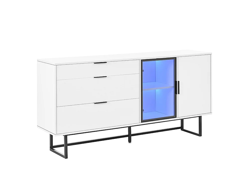 Buffet, buffet de salle à manger moderne et luxueux, trois tiroirs, portes vitrées, bandeau lumineux LED, blanc