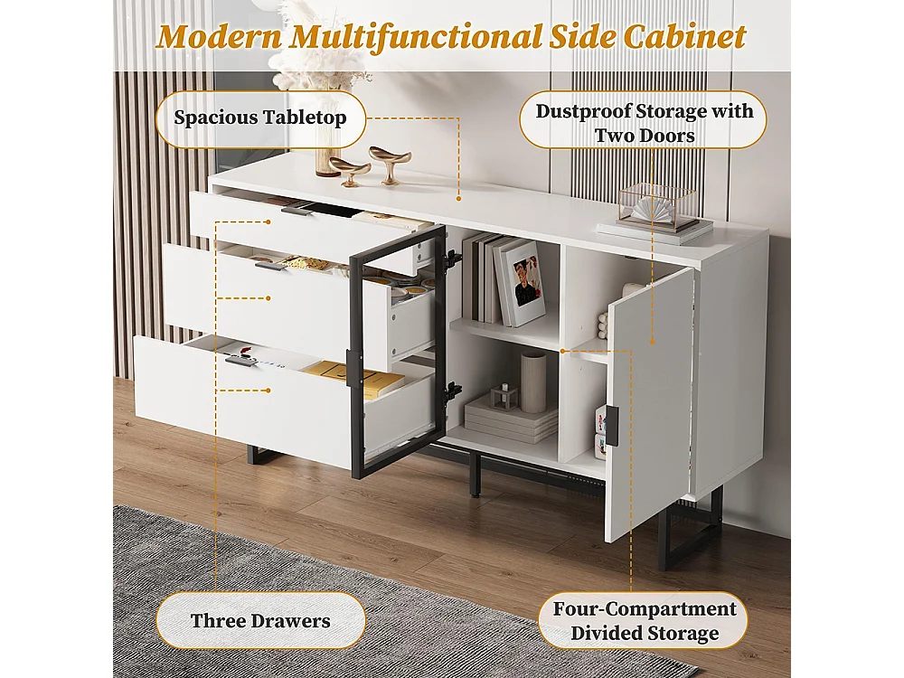 Buffet, buffet de salle à manger moderne et luxueux, trois tiroirs, portes vitrées, bandeau lumineux LED, blanc