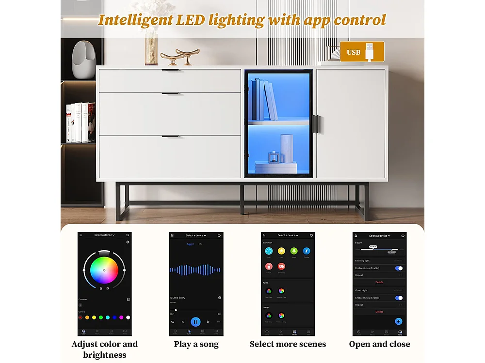 Buffet, buffet de salle à manger moderne et luxueux, trois tiroirs, portes vitrées, bandeau lumineux LED, blanc