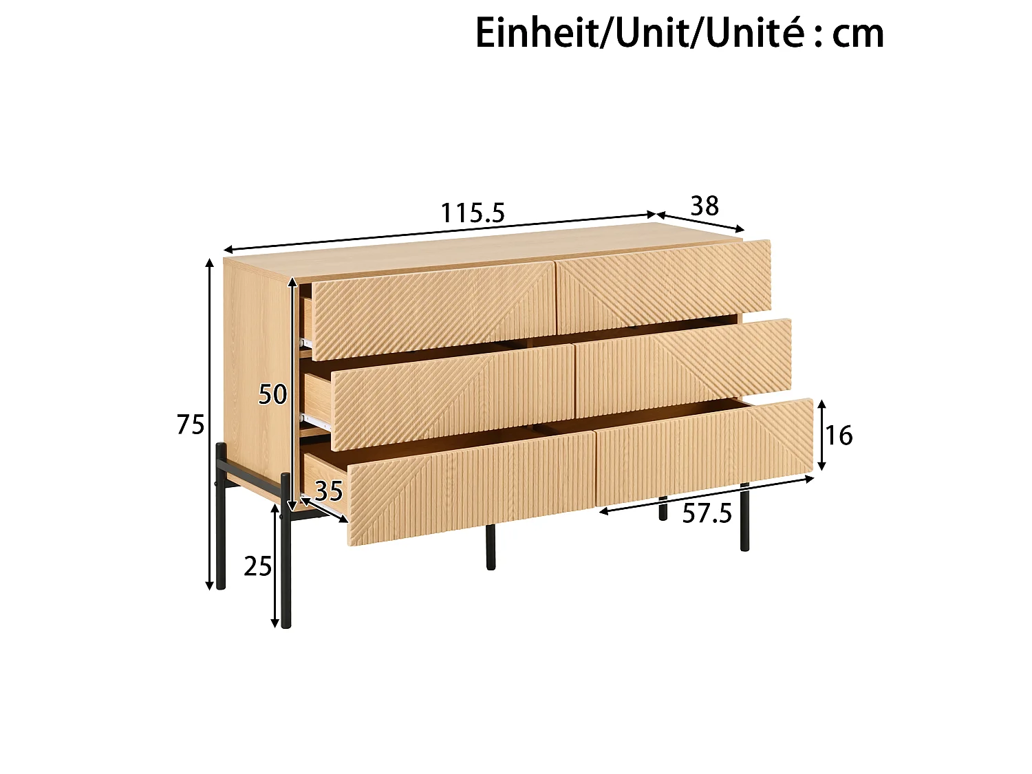 Buffet, finition 3D, six tiroirs, idéal pour le salon et la salle à manger, meuble de rangement polyvalent, couleur naturelle