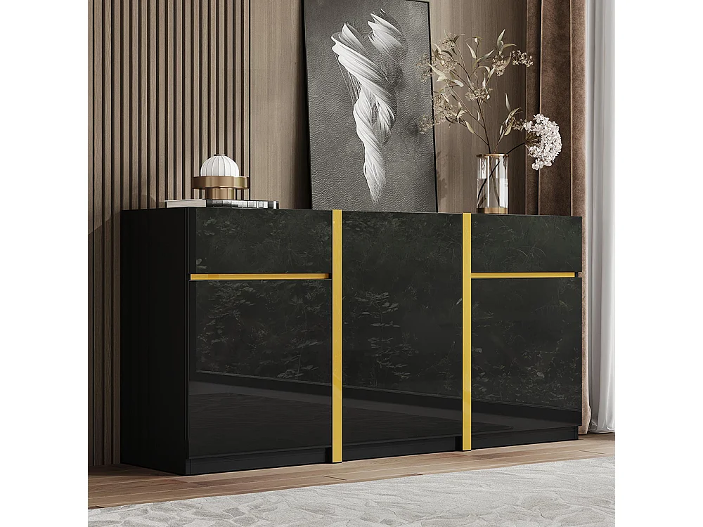 Buffet au fini brillant, de style moderne, avec trois portes et deux tiroirs, noir