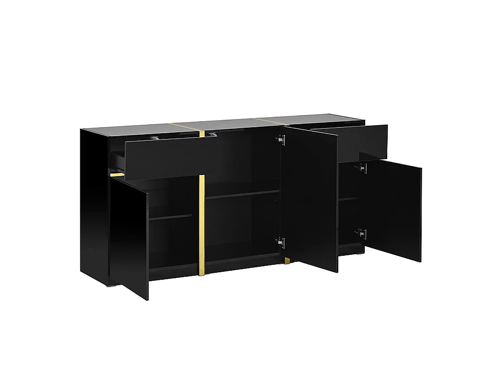 Buffet au fini brillant, de style moderne, avec trois portes et deux tiroirs, noir