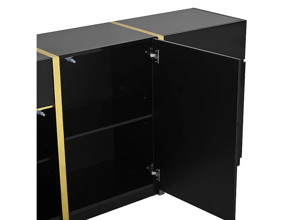 Buffet au fini brillant, de style moderne, avec trois portes et deux tiroirs, noir