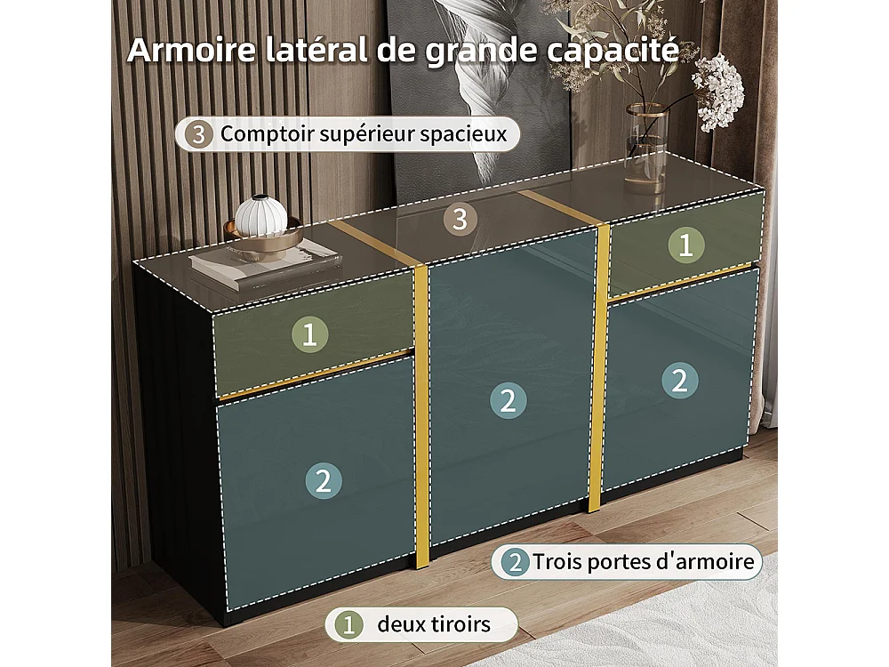 Buffet au fini brillant, de style moderne, avec trois portes et deux tiroirs, noir