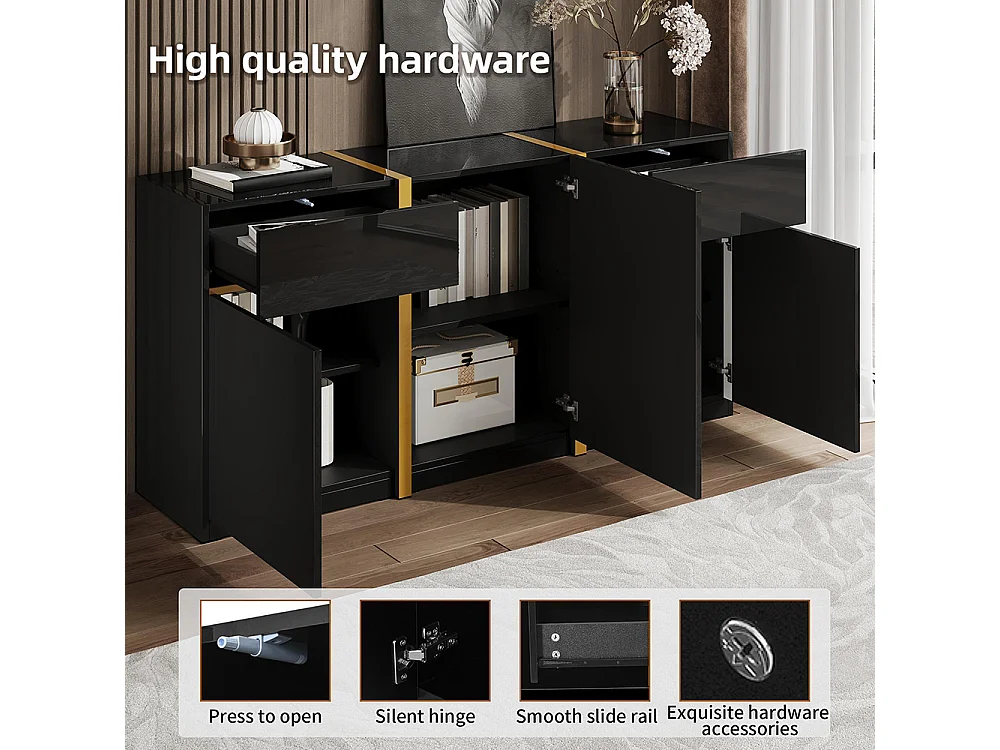 Buffet au fini brillant, de style moderne, avec trois portes et deux tiroirs, noir