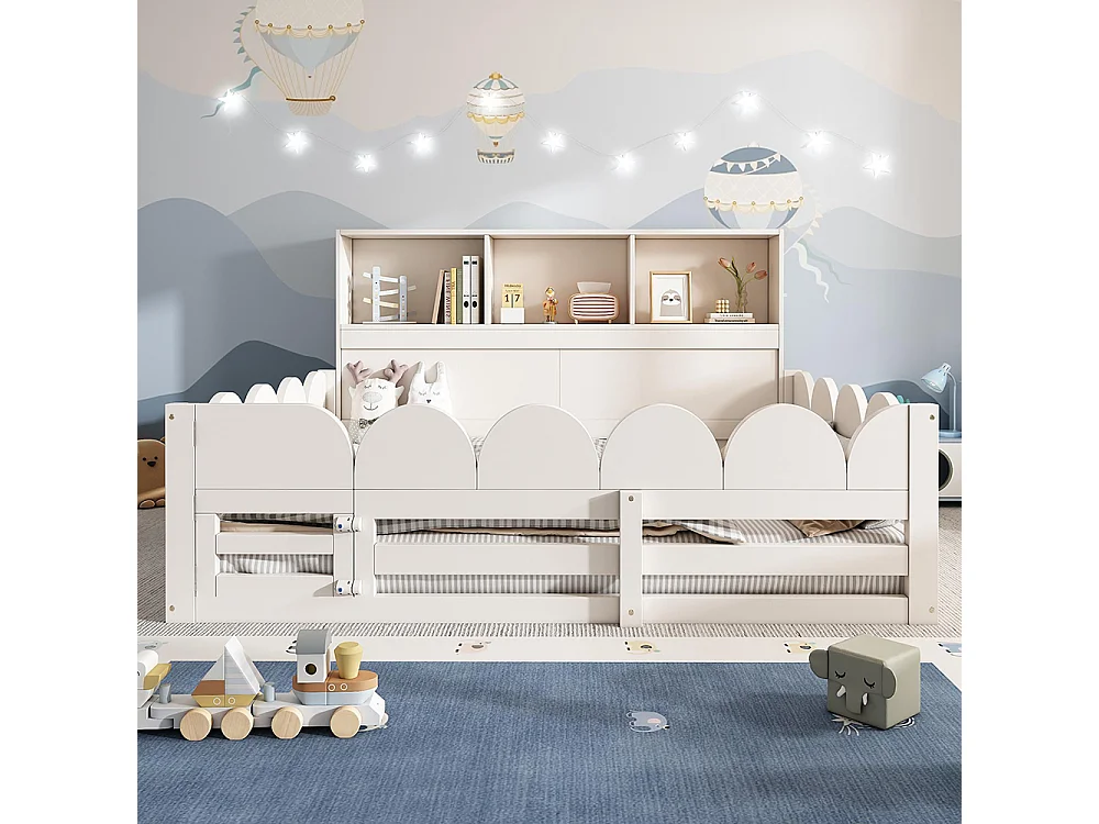 Letto basso per bambini, letto in legno con sponde di sicurezza e porta, rete a doghe con ripiano, bianco - 140 x 190 cm