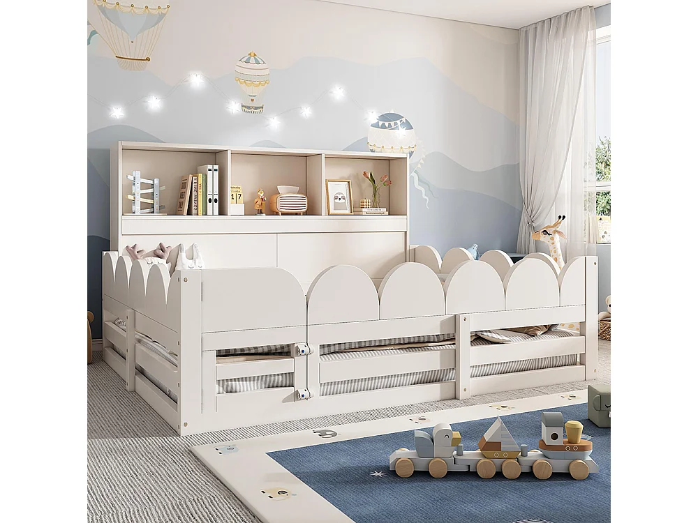 Letto basso per bambini, letto in legno con sponde di sicurezza e porta, rete a doghe con ripiano, bianco - 140 x 190 cm