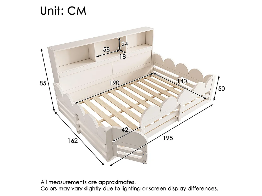 Letto basso per bambini, letto in legno con sponde di sicurezza e porta, rete a doghe con ripiano, bianco - 140 x 190 cm
