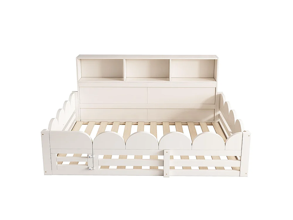 Letto basso per bambini, letto in legno con sponde di sicurezza e porta, rete a doghe con ripiano, bianco - 140 x 190 cm