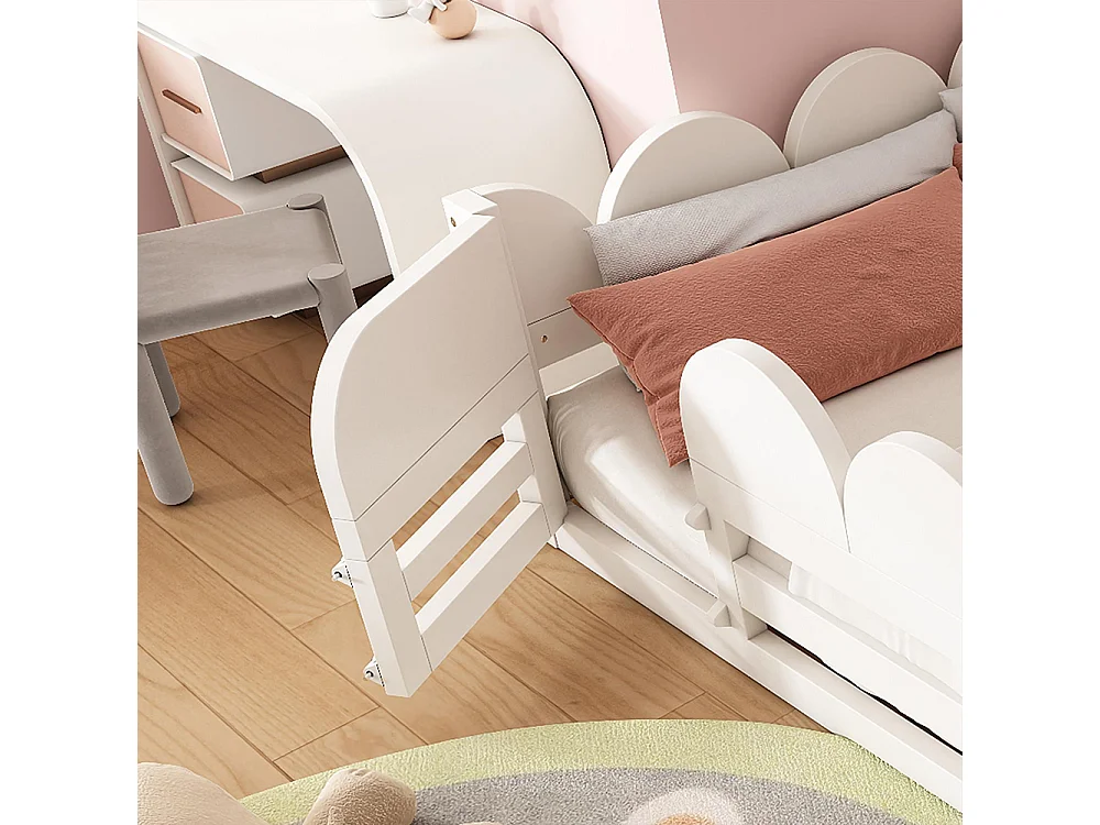 Letto basso per bambini, letto in legno con sponde di sicurezza e porta, rete a doghe con ripiano, bianco - 140 x 190 cm
