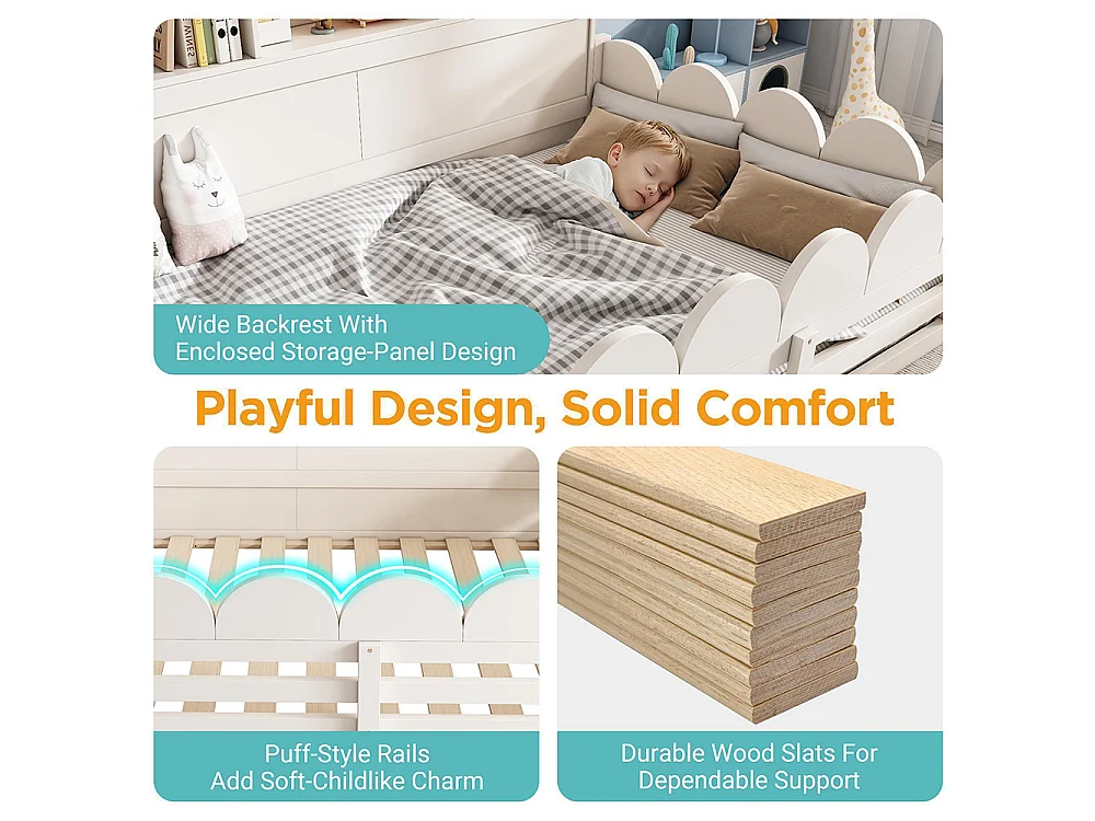 Letto basso per bambini, letto in legno con sponde di sicurezza e porta, rete a doghe con ripiano, bianco - 140 x 190 cm