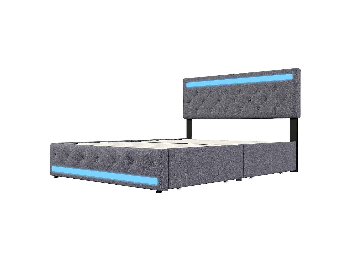 Lit Coffre 140 X 190 Cm En Tissu Gris Lin, Lit Double Avec LED Tête De Lit Capitonnée Hauteur Réglable, 4 Rangements Latéraux Sur Roulettes