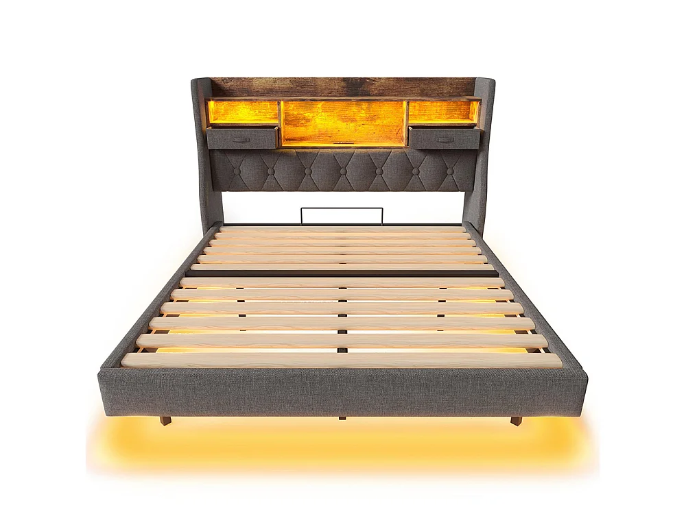 Lit adulte, avec éclairage LED, tête de lit et station de recharge (1 port Type-C, 3 ports USB), couleur lin, gris-140 × 190 cm