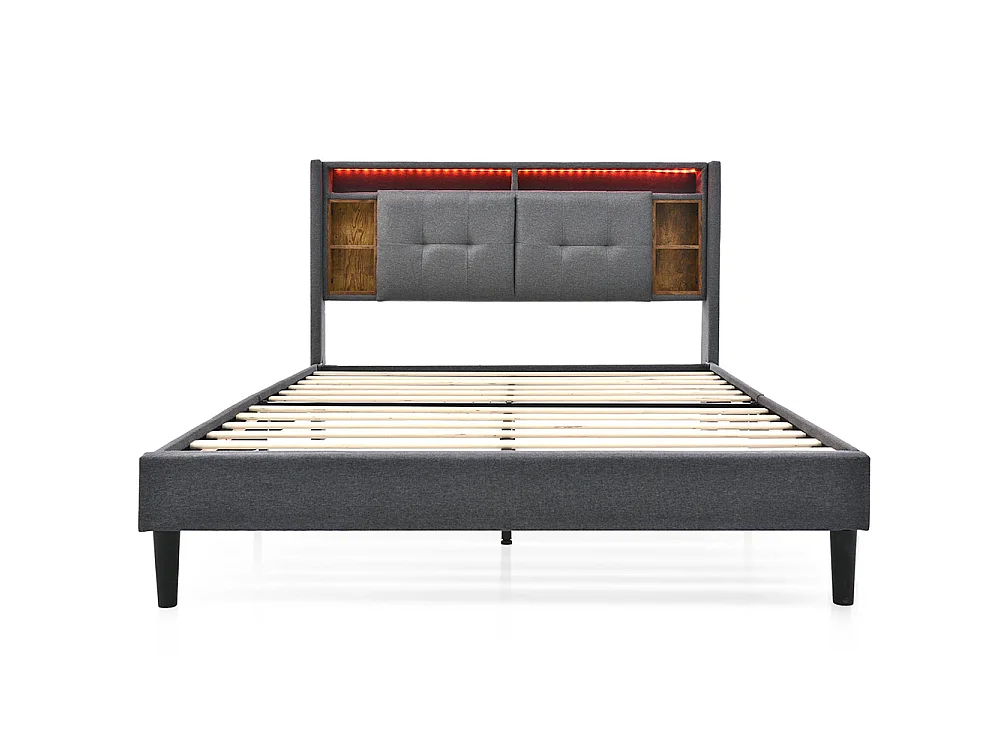 Lit adulte avec rangement, équipé d'un port USB et d'un éclairage LED, sommier à lattes en bois, gris - 160 x 200 cm
