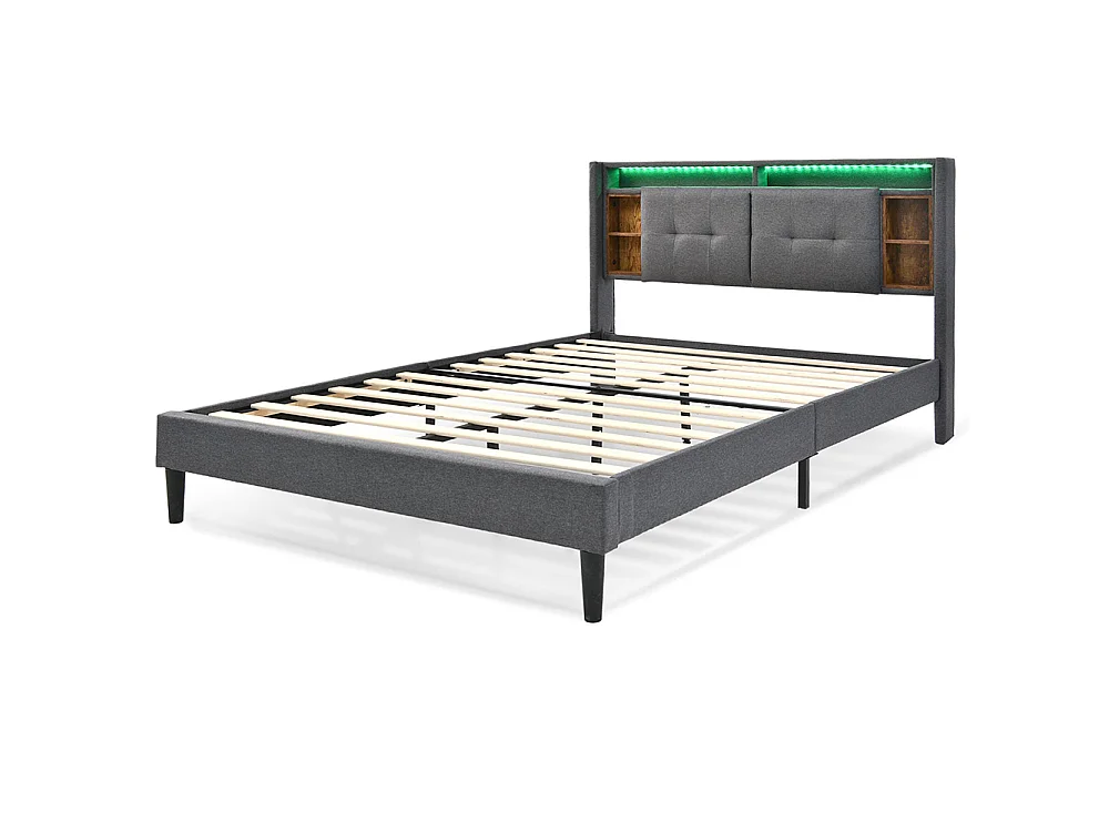 Lit adulte avec rangement, équipé d'un port USB et d'un éclairage LED, sommier à lattes en bois, gris - 160 x 200 cm