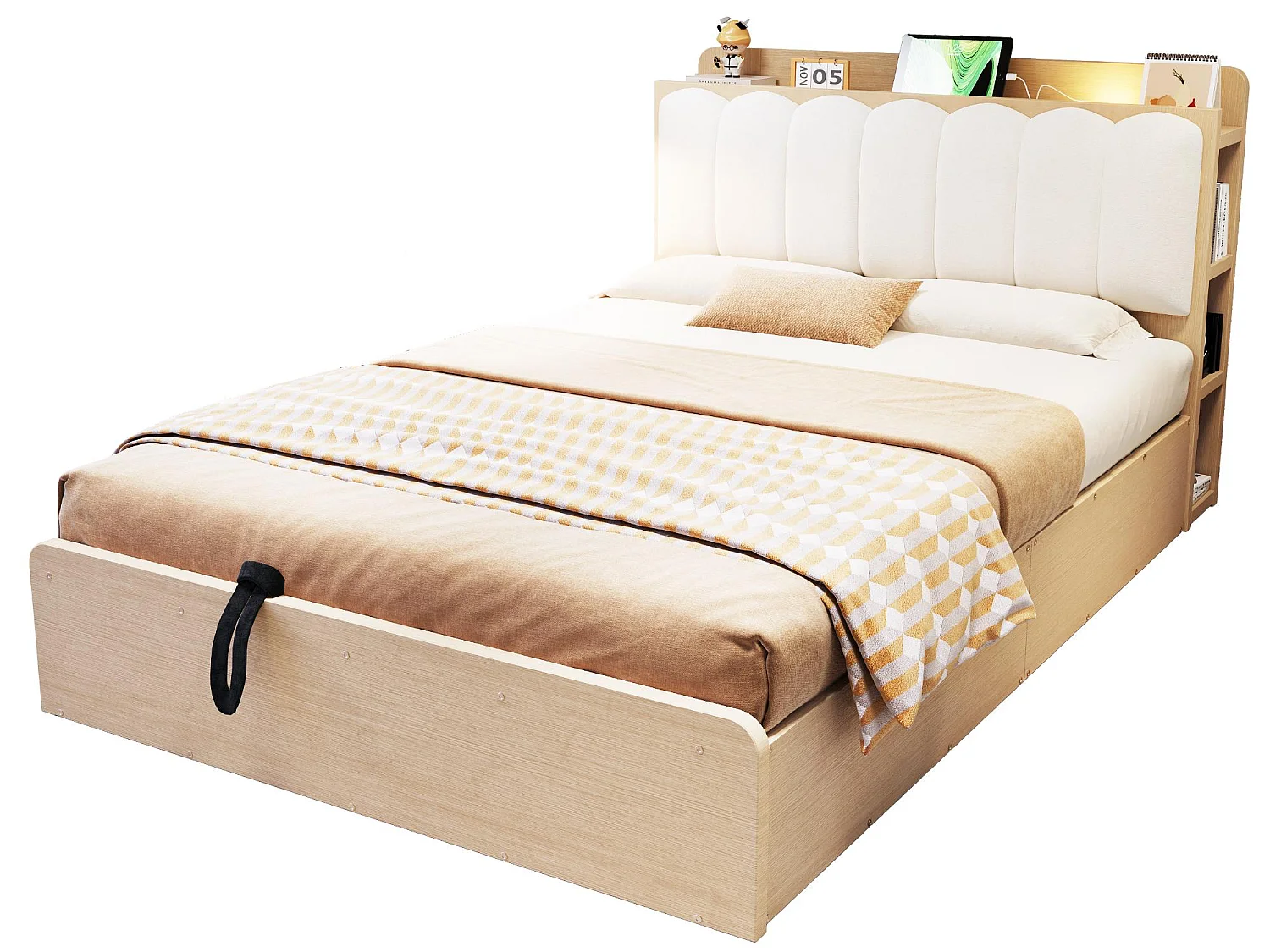 Lit Coffre Adulte en Bois avec Rangement, Port USB et Veilleuse Intégrée - Tête de Lit Rembourrée Velours - Lit Double 140x200 cm