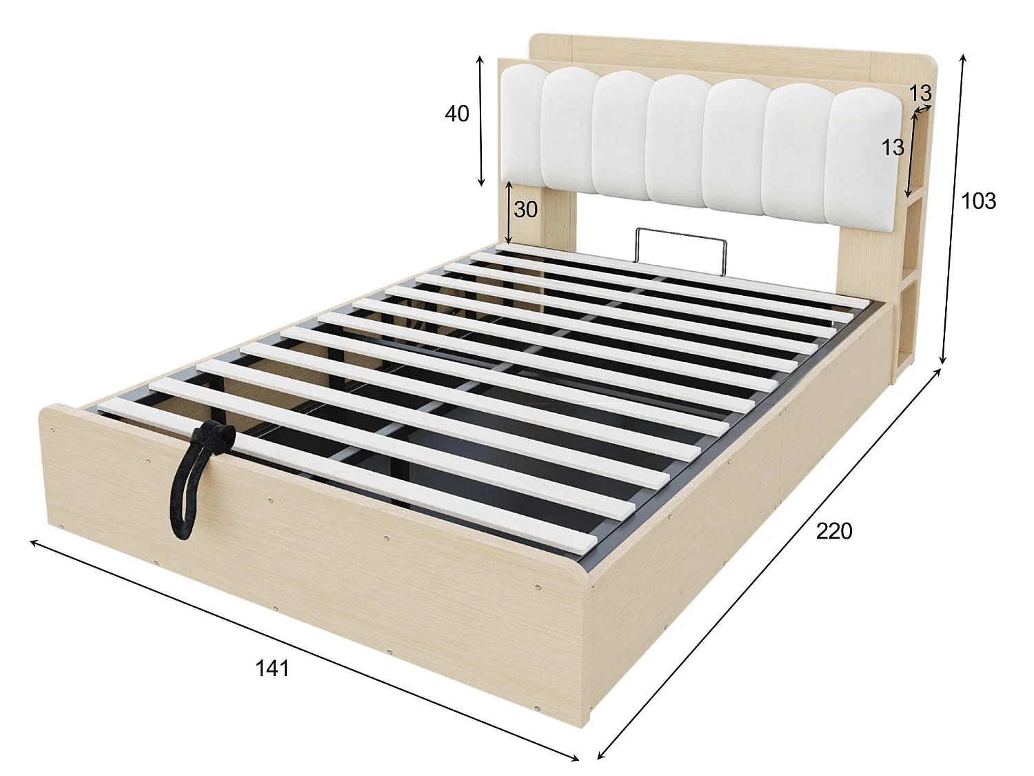 Lit Coffre Adulte en Bois avec Rangement, Port USB et Veilleuse Intégrée - Tête de Lit Rembourrée Velours - Lit Double 140x200 cm