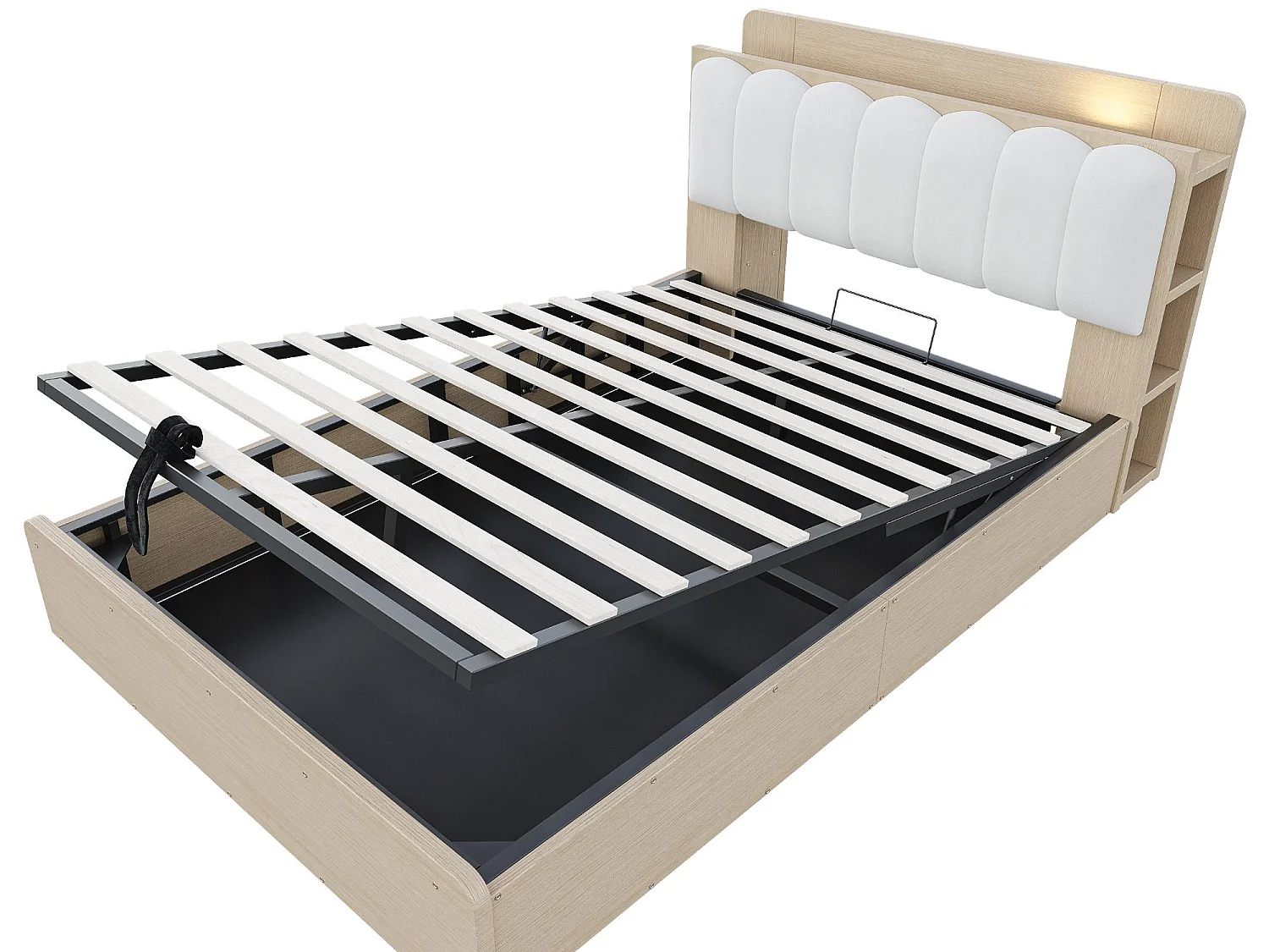 Lit Coffre Adulte en Bois avec Rangement, Port USB et Veilleuse Intégrée - Tête de Lit Rembourrée Velours - Lit Double 140x200 cm